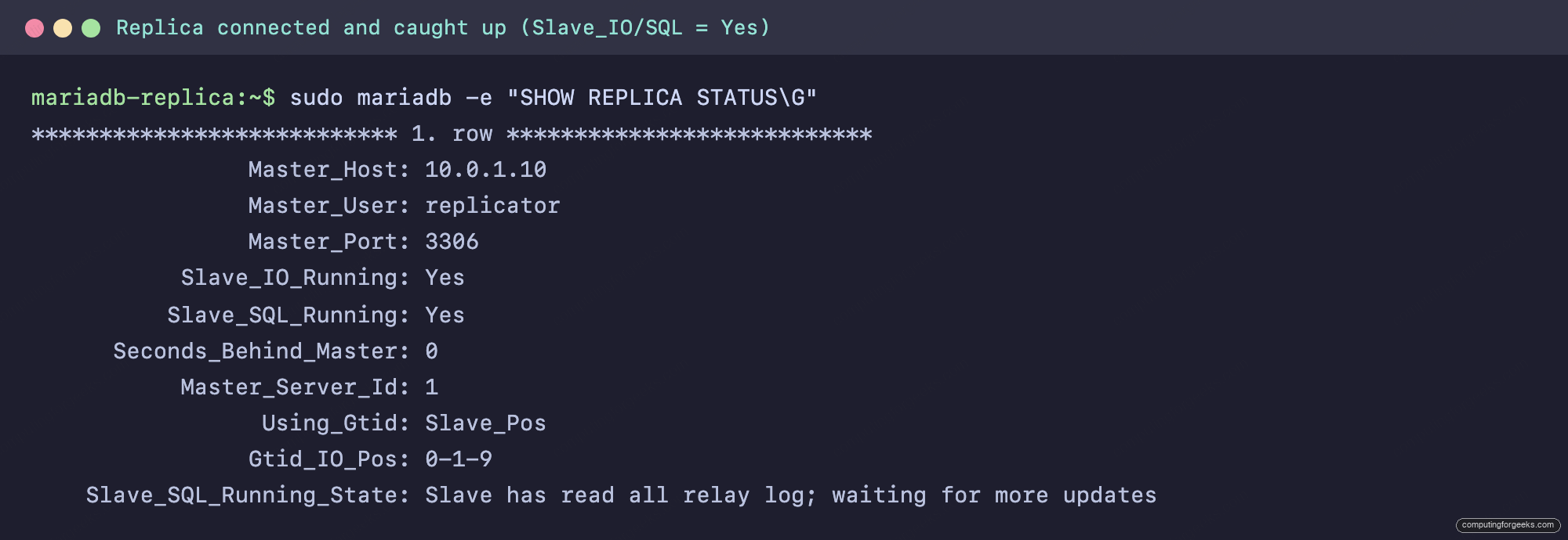 Configure MariaDB Replication on Ubuntu and Debian 2 MariaDB SHOW REPLICA STATUS with Slave_IO_Running and Slave_SQL_Running Yes using GTID