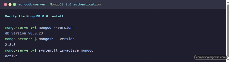 Terminal showing MongoDB 8.0.23 version, mongosh 2.8.3 and active mongod service on Ubuntu