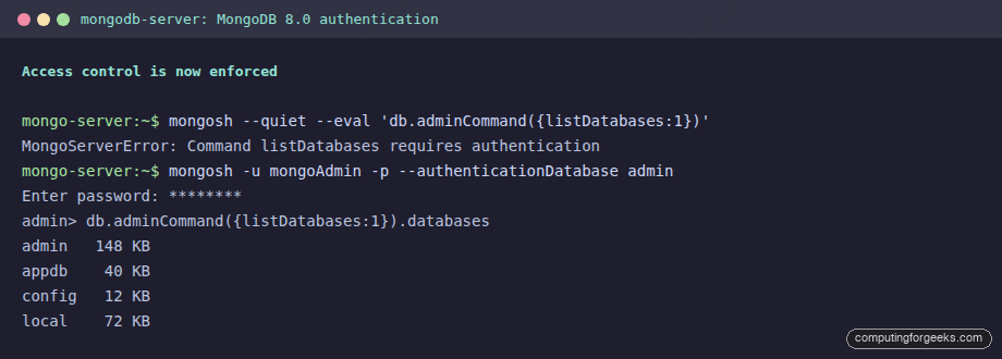MongoDB rejecting an unauthenticated command then listing databases after authentication