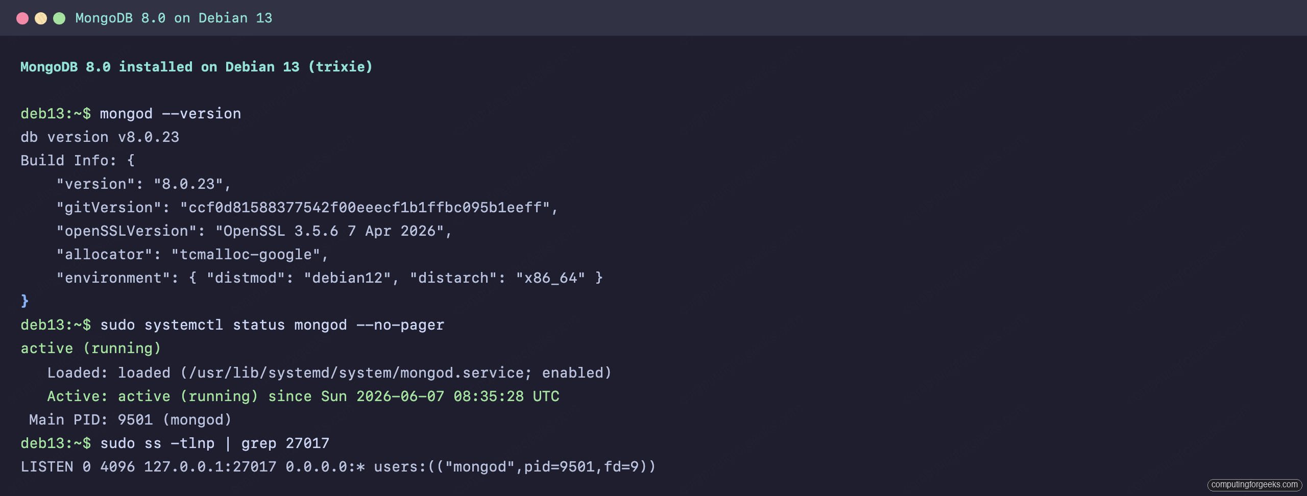 Install MongoDB on Debian 13 / 12 1 MongoDB 8.0.23 mongod version and active systemd service on Debian 13