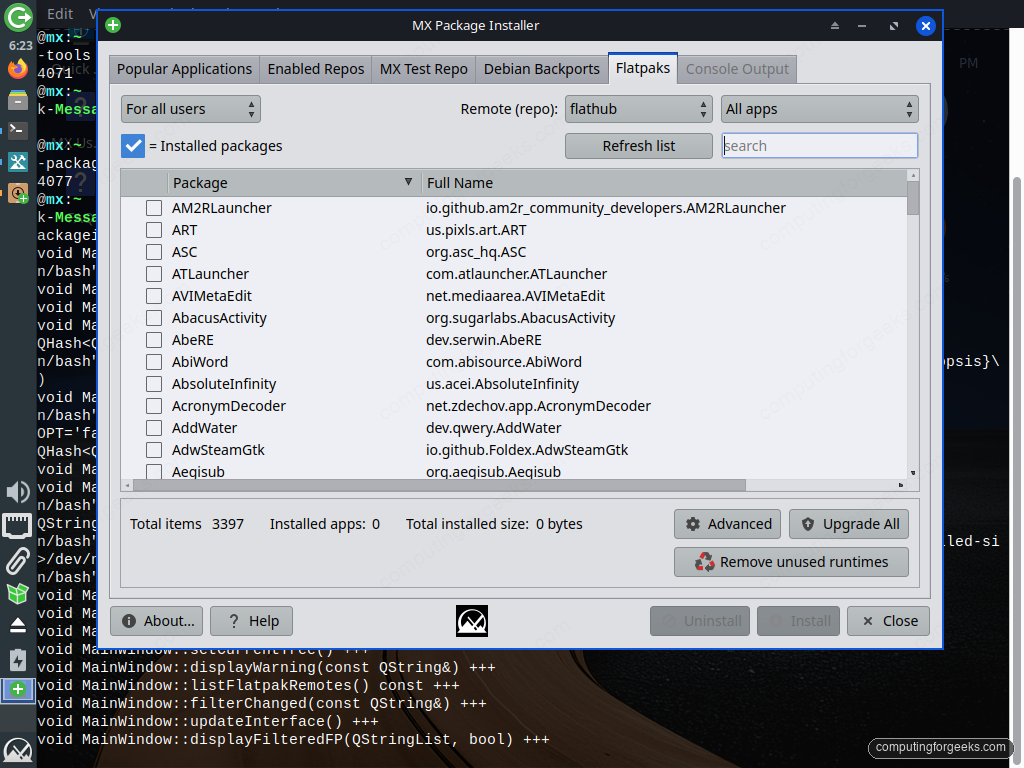 Things to Do After Installing MX Linux 6 MX Package Installer Flatpaks tab listing Flathub apps on MX Linux