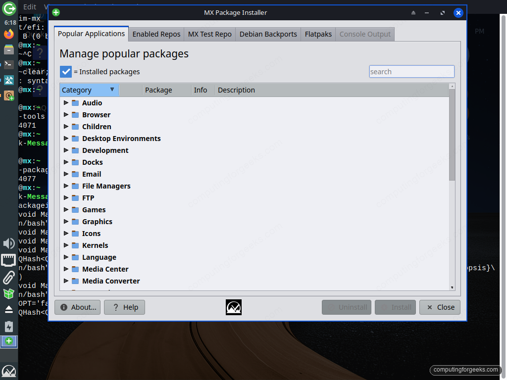 Things to Do After Installing MX Linux 5 MX Package Installer Popular Applications tab on MX Linux 25.2