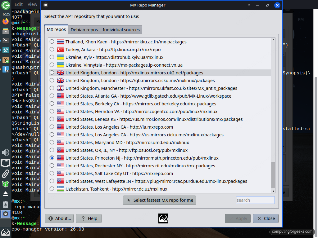 Things to Do After Installing MX Linux 1 MX Repo Manager mirror list selecting the fastest repo on MX Linux 25.2