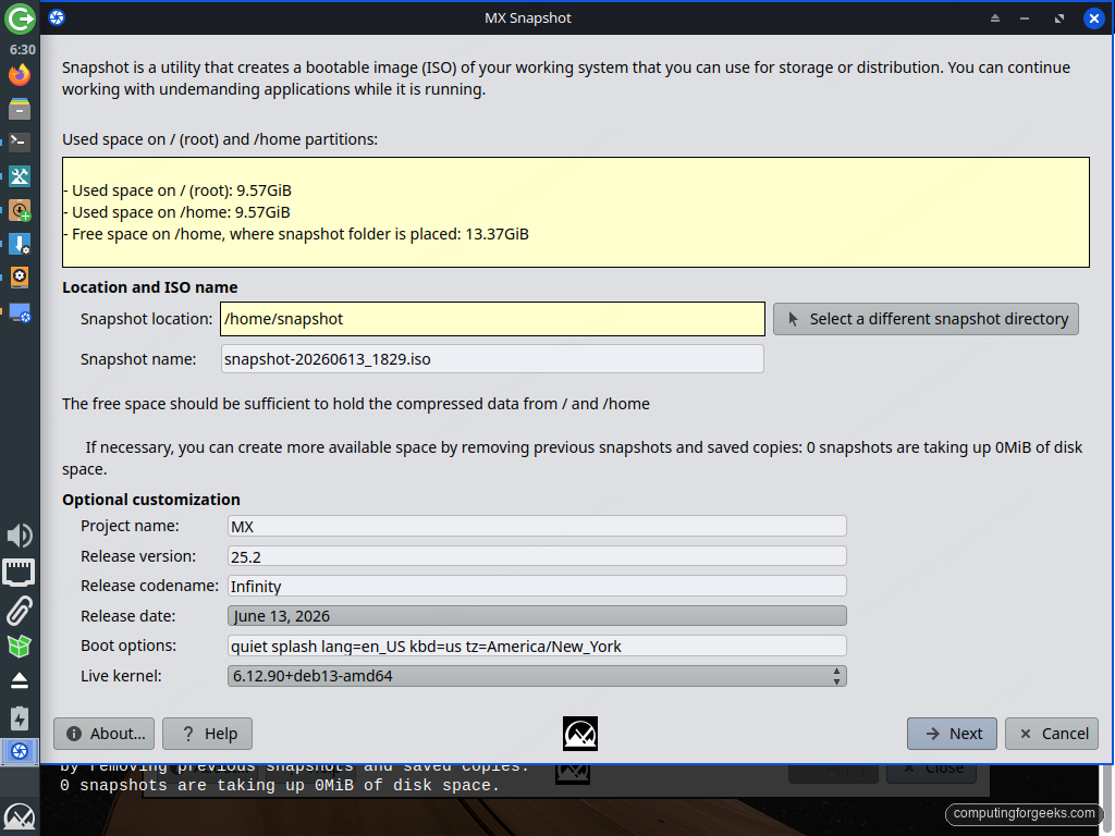 Things to Do After Installing MX Linux 8 MX Snapshot creating a bootable ISO of the running MX Linux system
