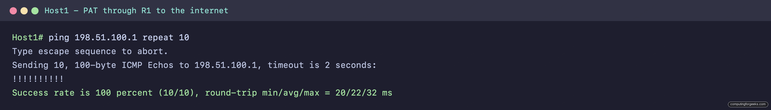 Inside host ping to an outside server succeeding through PAT overload on R1