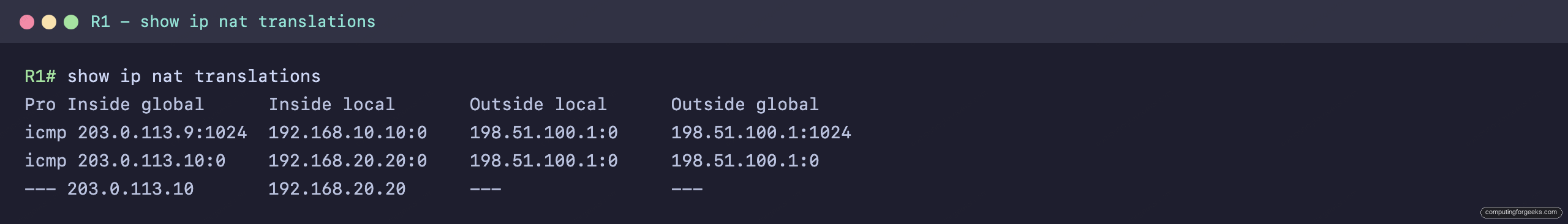 show ip nat translations output showing a static NAT entry and a PAT overload entry with a translated port