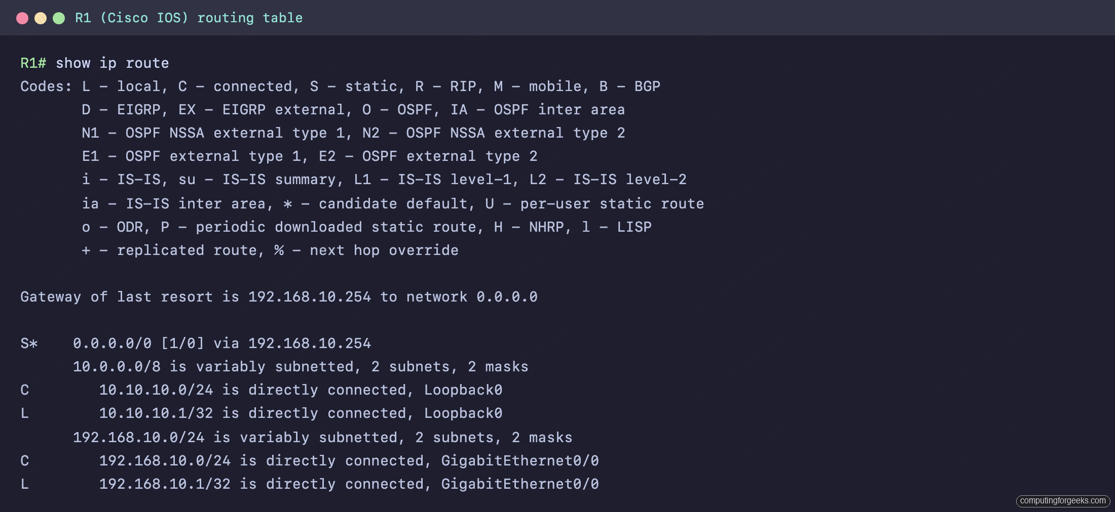 show ip route on a Cisco router R1 with a static default route and connected networks