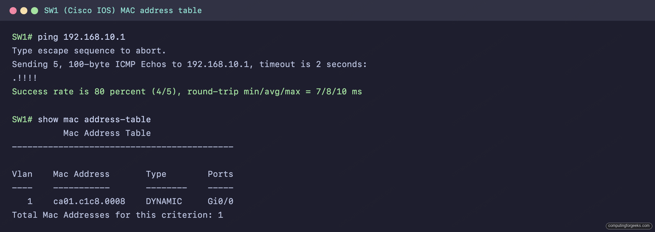 show mac address-table on a Cisco switch SW1 with a dynamic MAC entry on Gi0/0