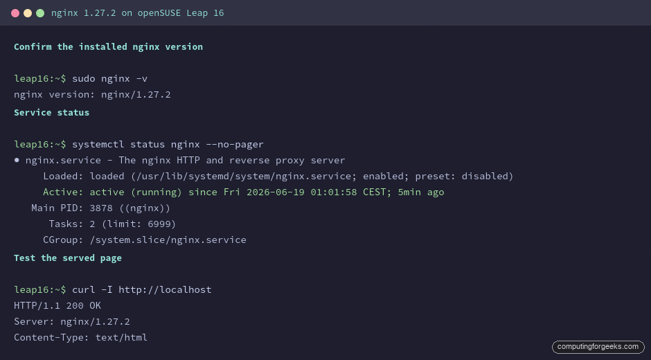 Install Nginx Web Server on openSUSE Leap 16 2 nginx version and systemctl status on openSUSE Leap 16 terminal
