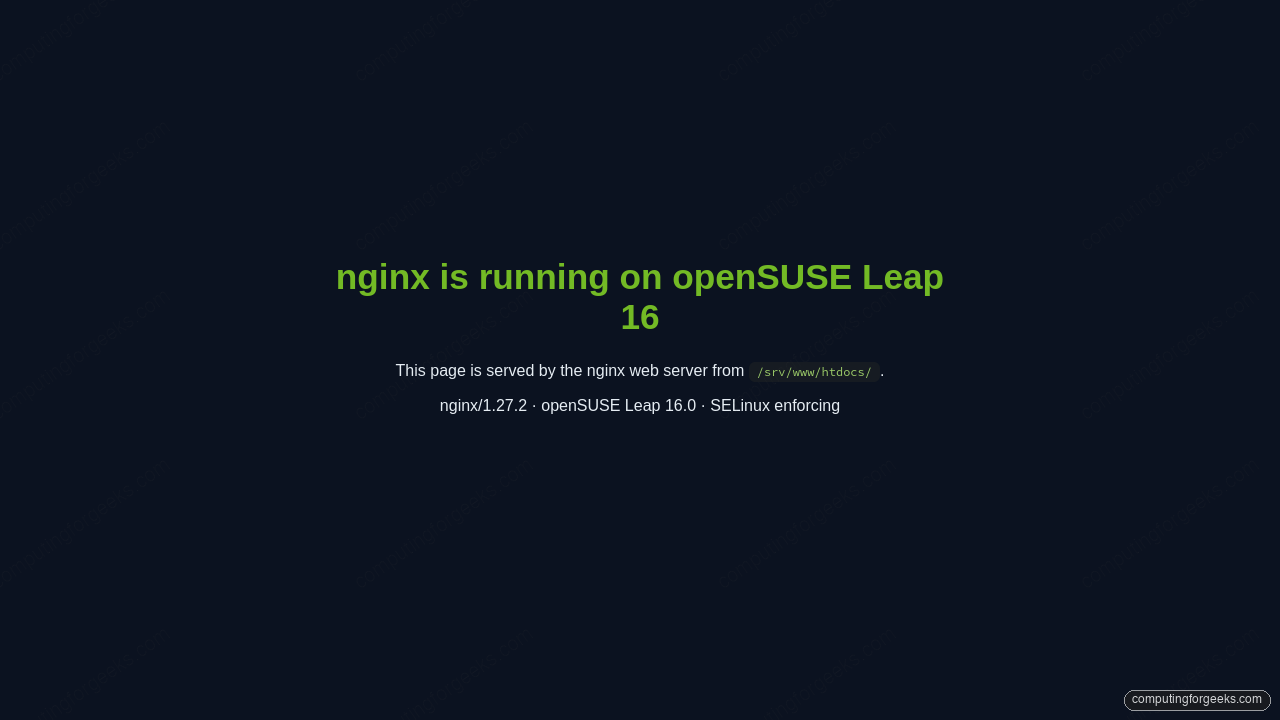 Install Nginx Web Server on openSUSE Leap 16 1 nginx web server welcome page in browser on openSUSE Leap 16