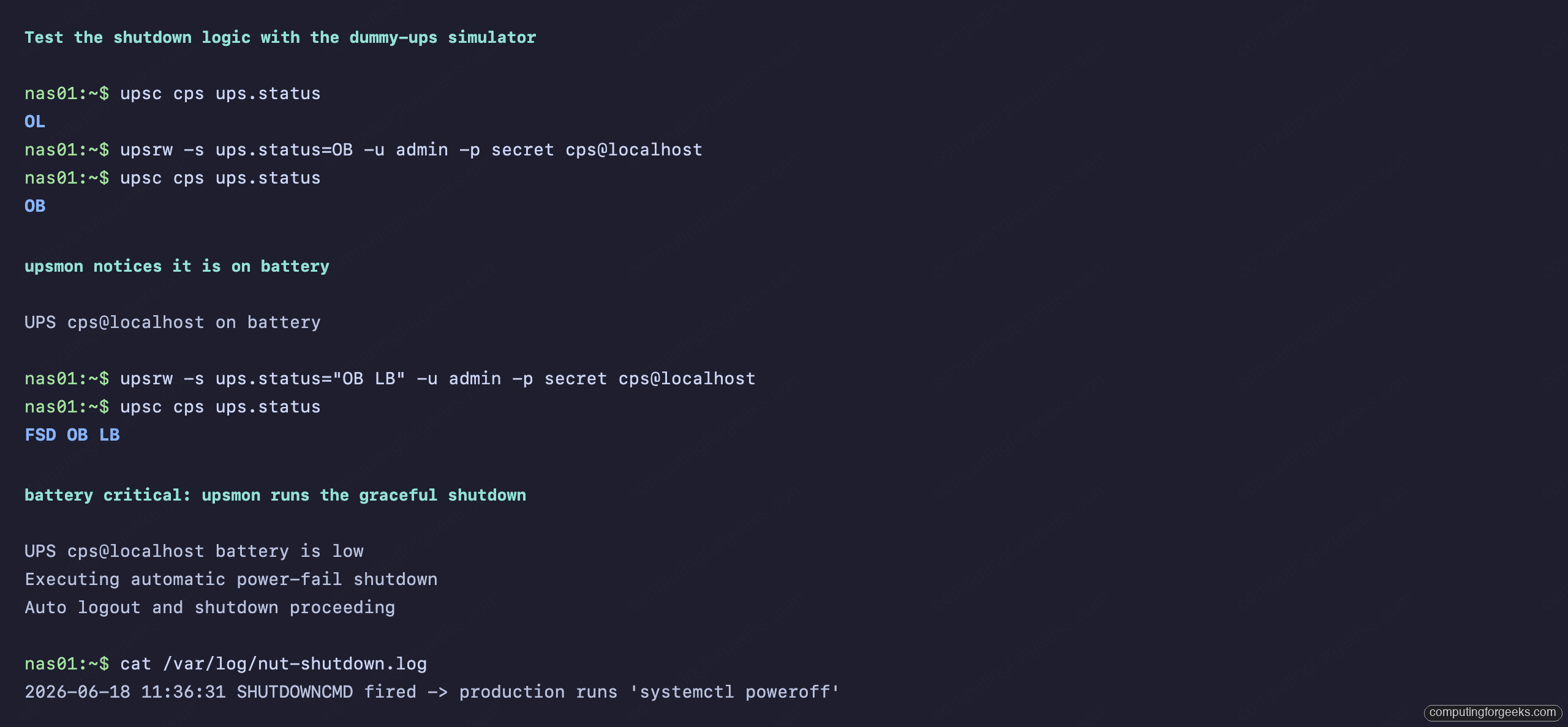 NUT upsmon running a graceful shutdown when the battery hits low on Debian