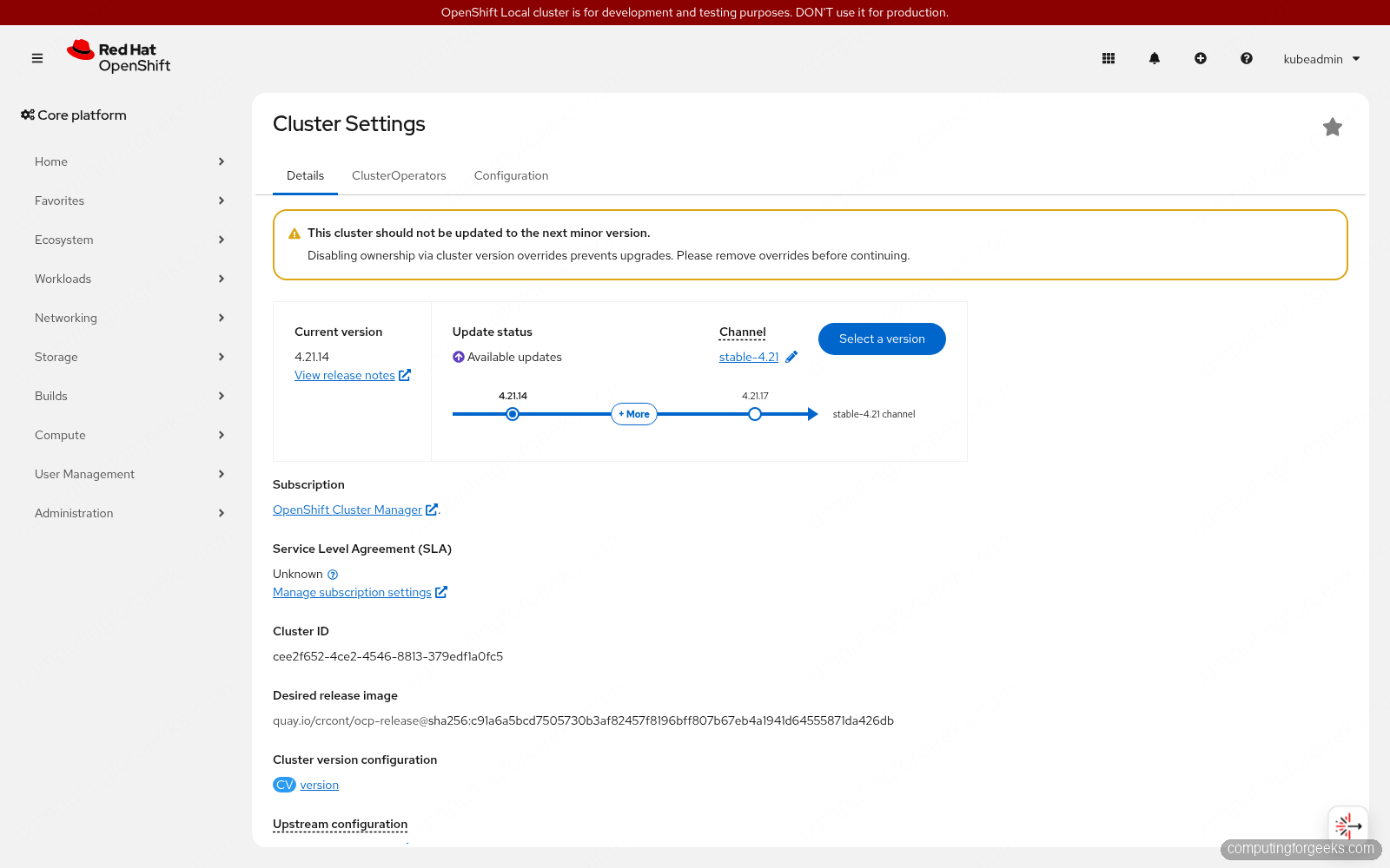 OpenShift 4 Cluster Settings showing version 4.21.14 and the stable-4.21 update channel