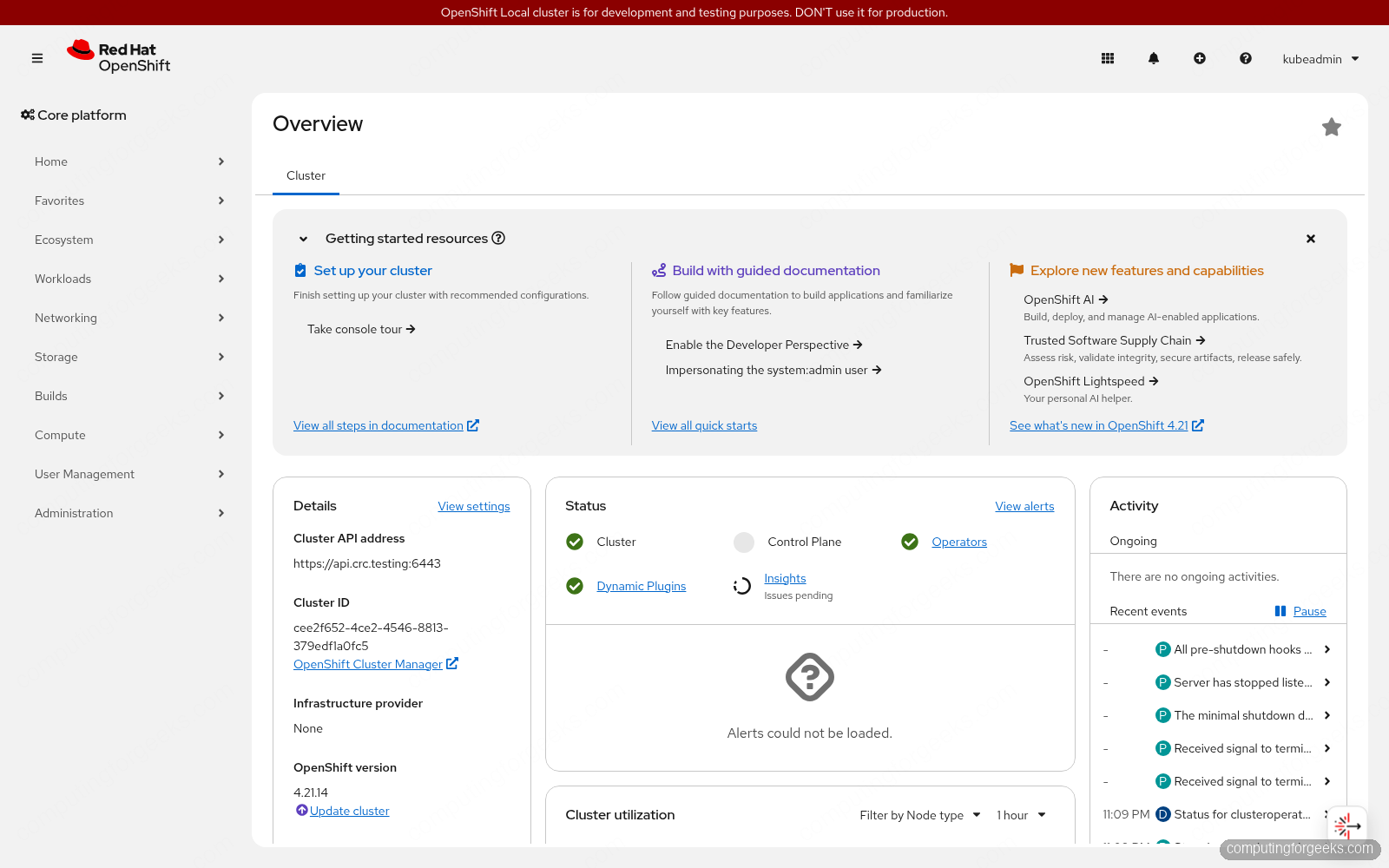 Red Hat OpenShift 4.21 web console Overview showing cluster version 4.21.14 and AI features