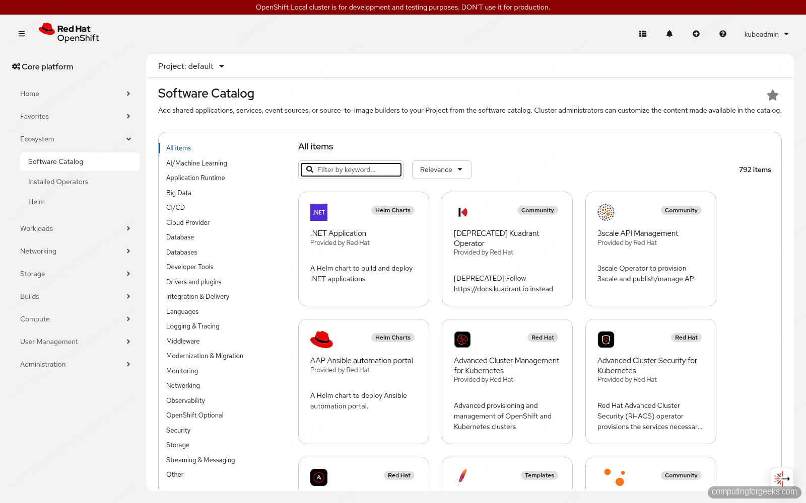 OpenShift 4 Software Catalog OperatorHub showing operators including Advanced Cluster Management and Advanced Cluster Security