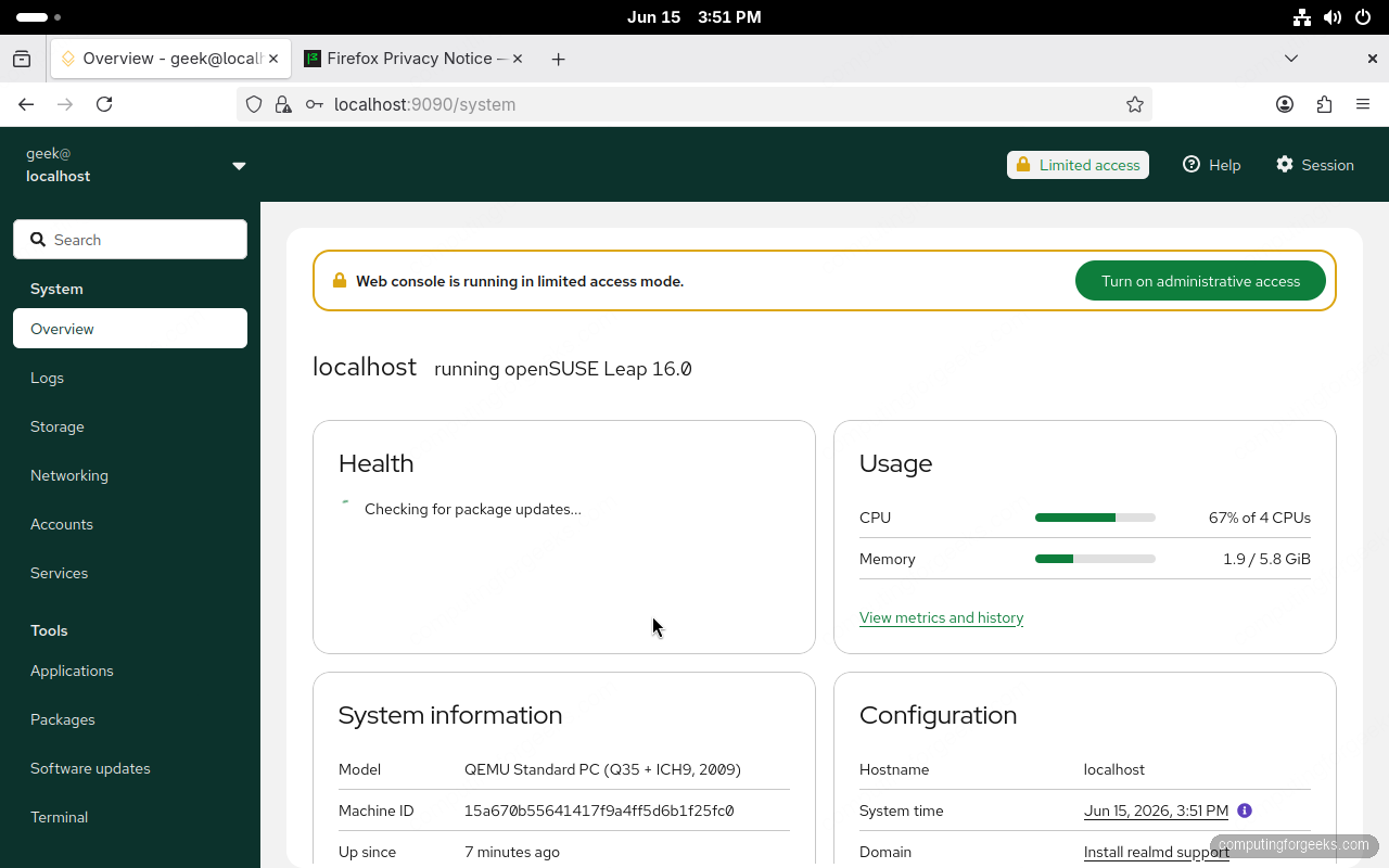 Cockpit web console overview running on openSUSE Leap 16