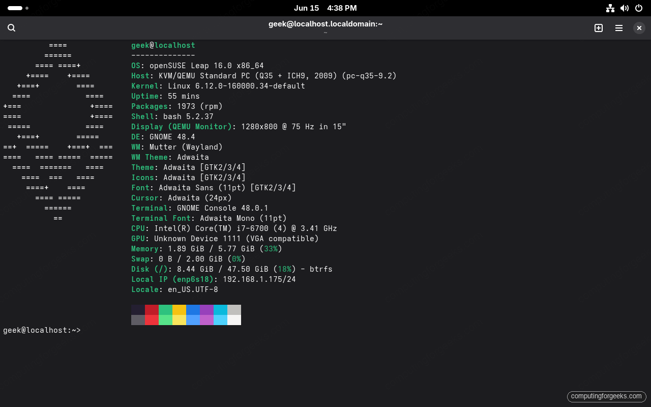 fastfetch on openSUSE Leap 16 showing kernel 6.12 and GNOME 48