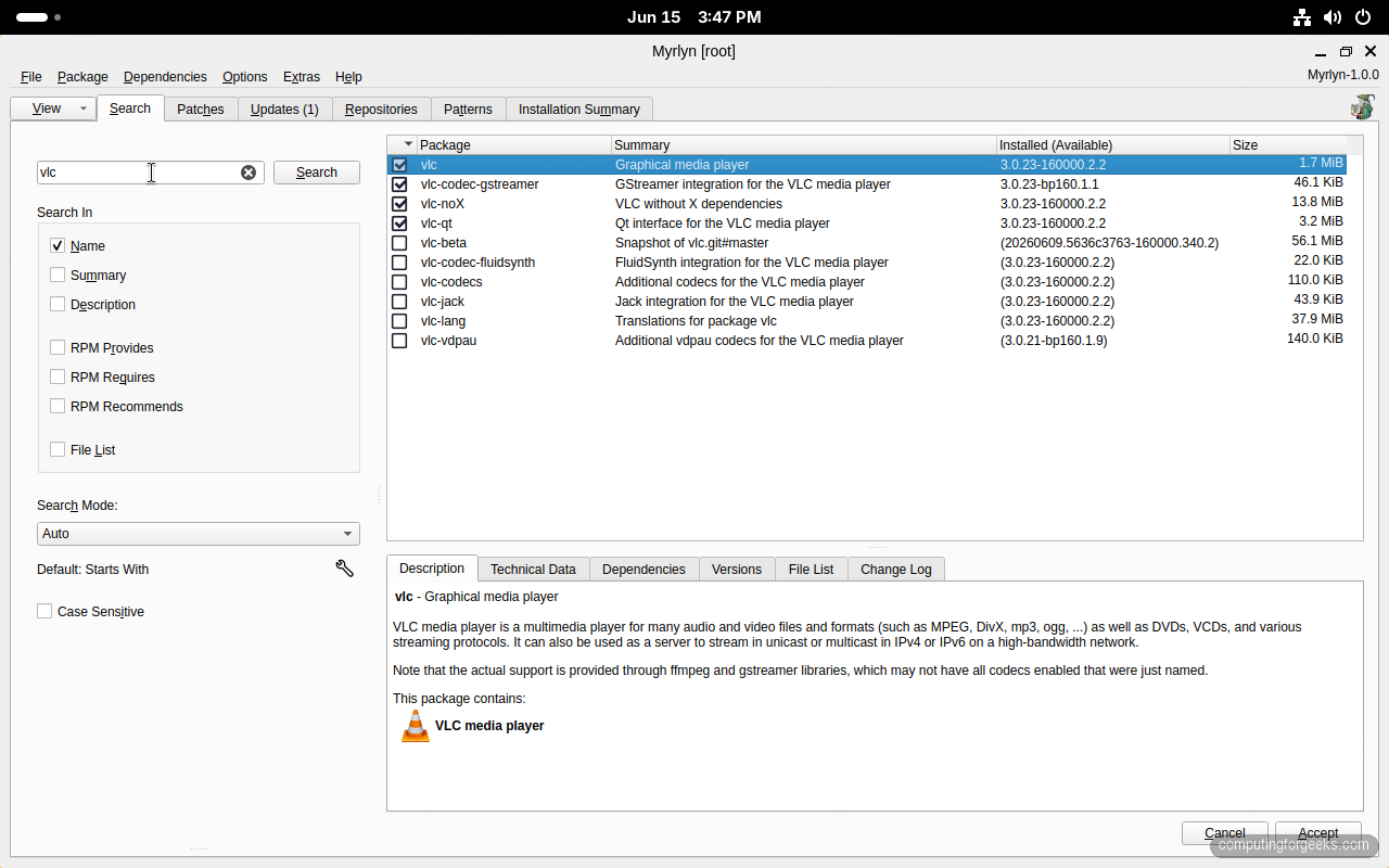 Myrlyn graphical package manager on openSUSE Leap 16 showing VLC packages