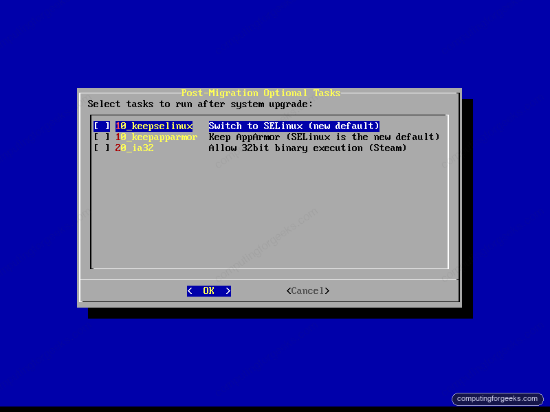 Post-migration optional tasks dialog switching openSUSE Leap 16 to SELinux