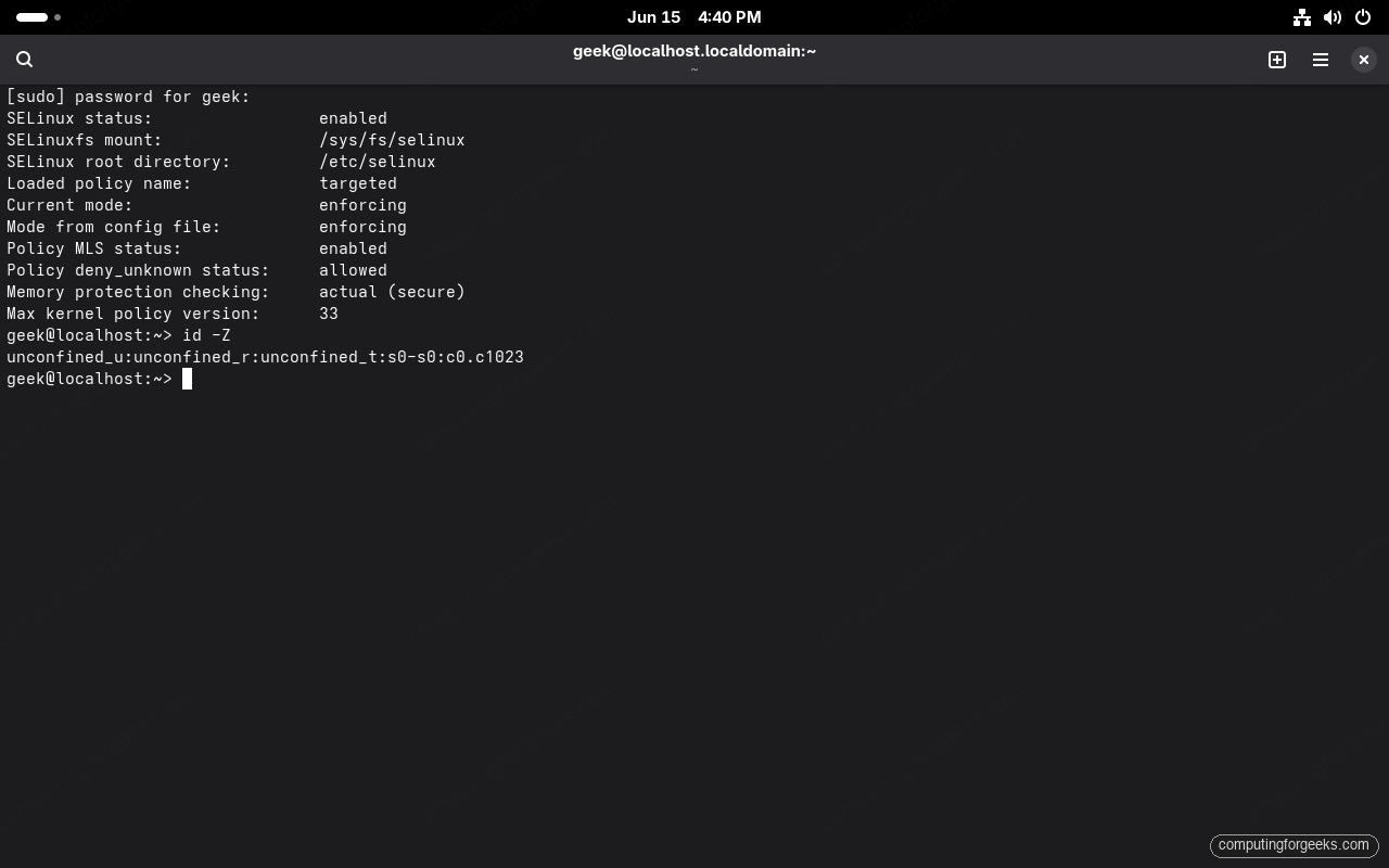 sestatus showing SELinux enforcing with the targeted policy on openSUSE Leap 16