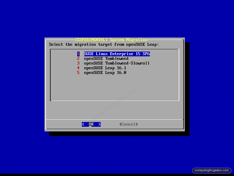 opensuse-migration-tool menu selecting the openSUSE Leap 16.0 target