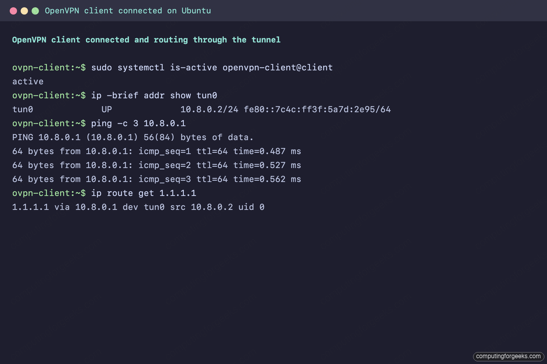 Install OpenVPN Server on Ubuntu 26.04, 24.04 & 22.04 4 Ubuntu OpenVPN client on tun0 10.8.0.2 with default route via 10.8.0.1 through the VPN