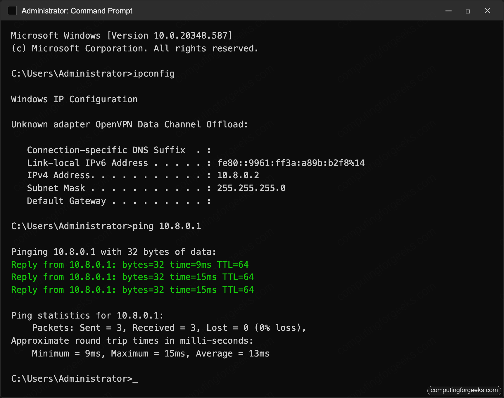 Install OpenVPN Server on Ubuntu 26.04, 24.04 & 22.04 5 Windows Command Prompt showing the OpenVPN Data Channel Offload adapter at 10.8.0.2 and ping replies from 10.8.0.1 over the tunnel