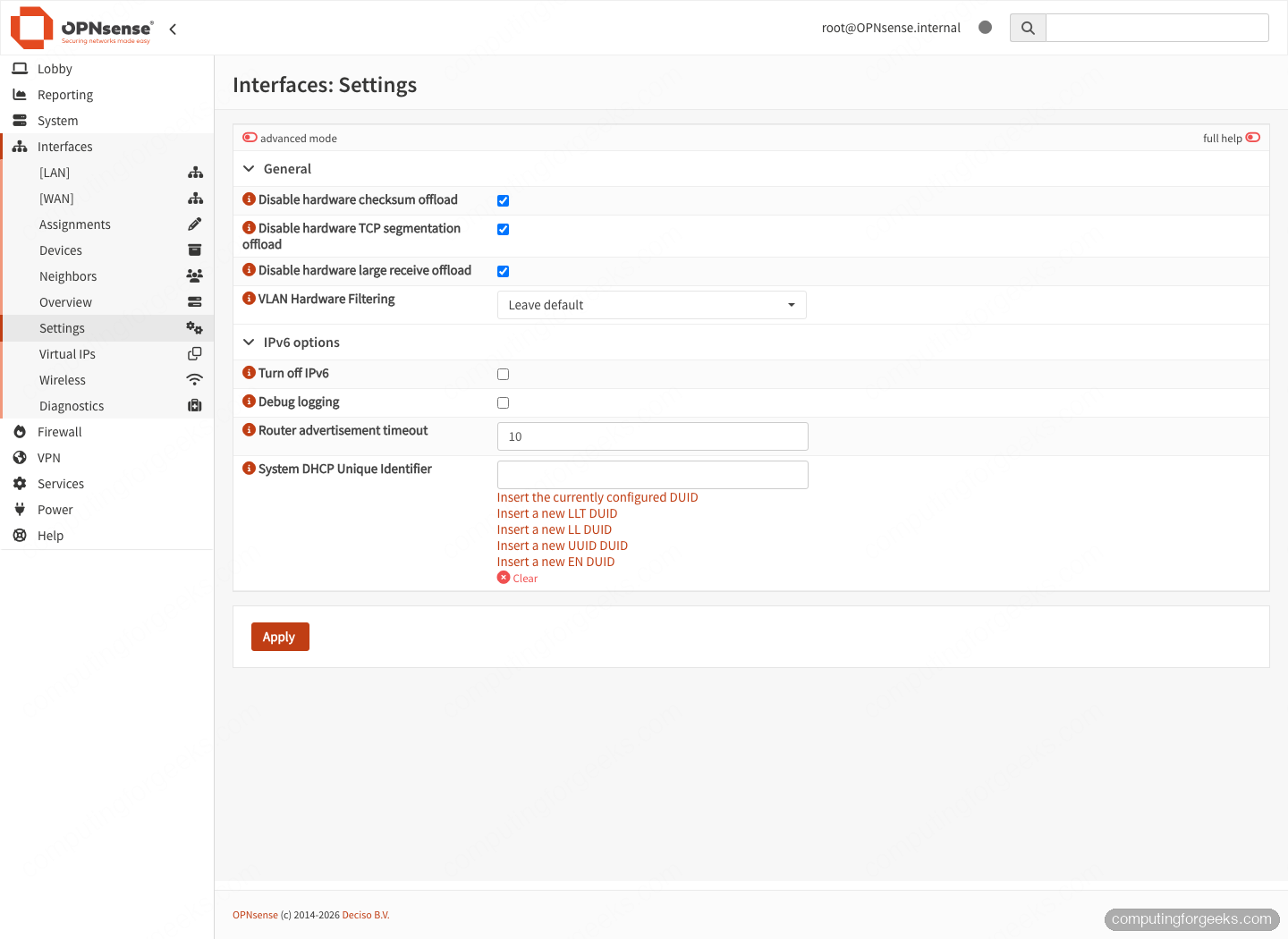 OPNsense Interfaces Settings page with hardware checksum, TSO and LRO offloading disabled to stop Intel i226-V link drops