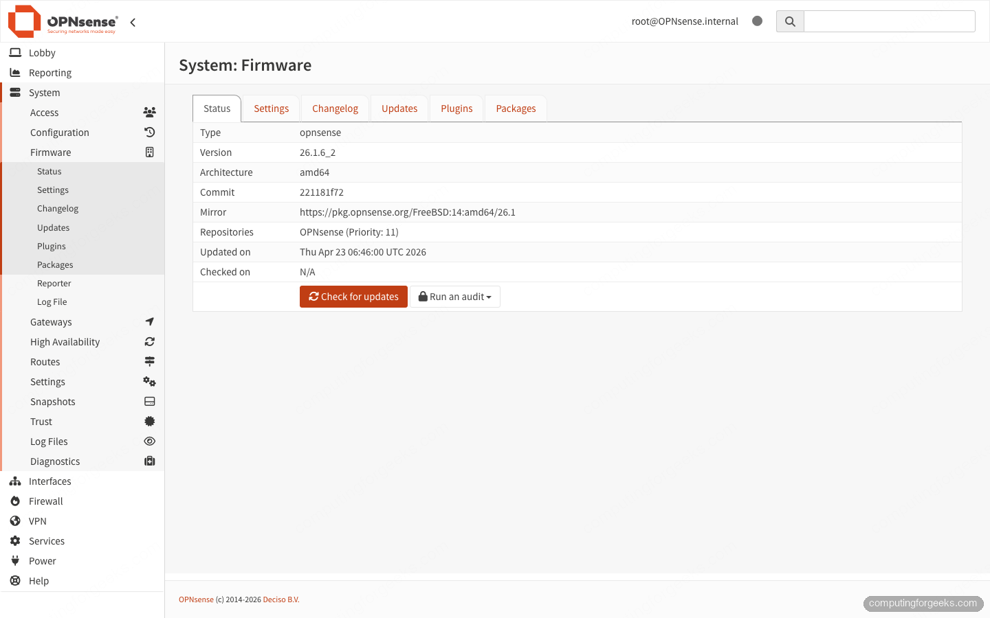 OPNsense System Firmware page showing in-place GUI upgrade with check for updates button