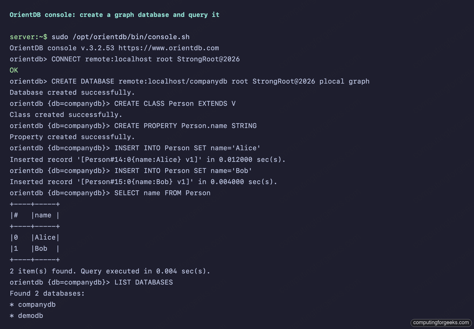 OrientDB console session creating a database and a vertex class, inserting records, and running a SELECT query