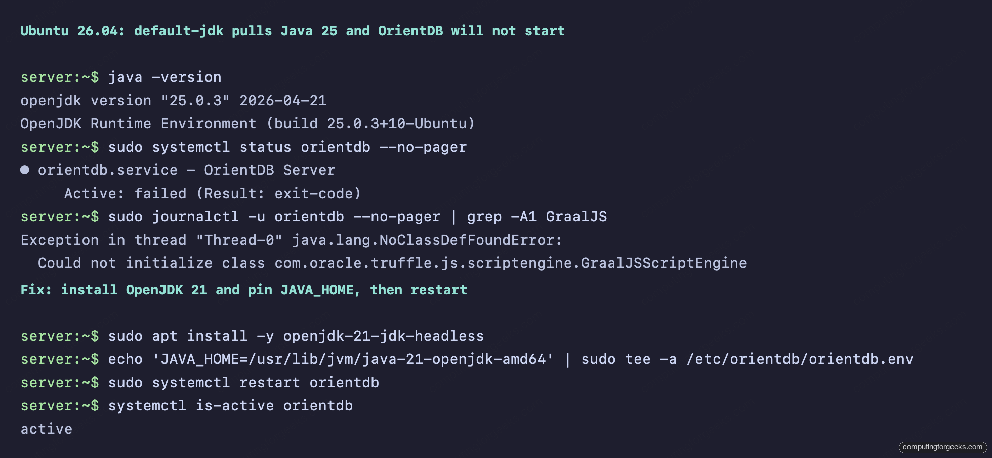 OrientDB failing to start on Java 25 with the GraalJS error and the OpenJDK 21 JAVA_HOME fix on Ubuntu 26.04