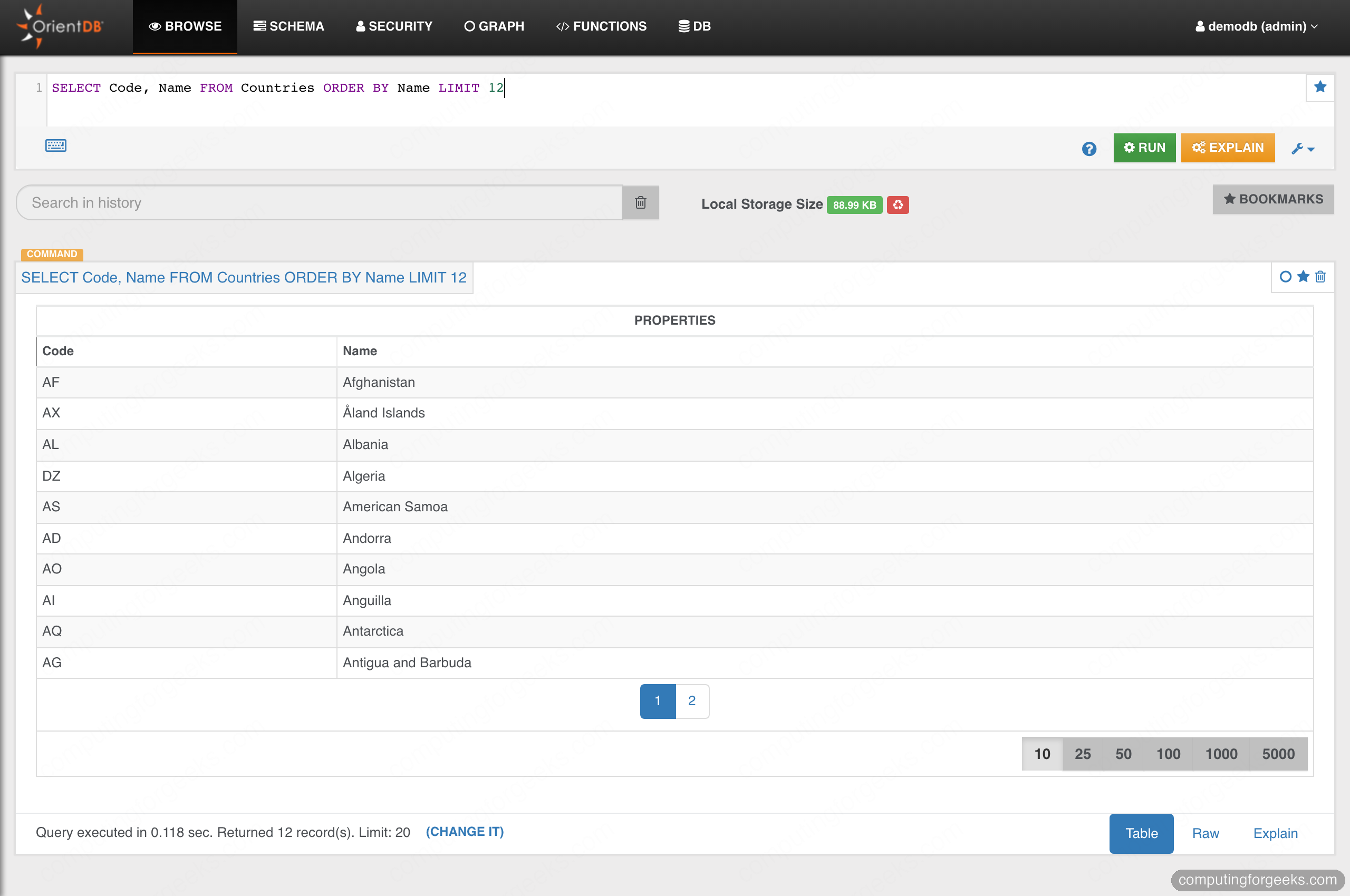 Running a SELECT query in the OrientDB Studio Browse tab and viewing the results