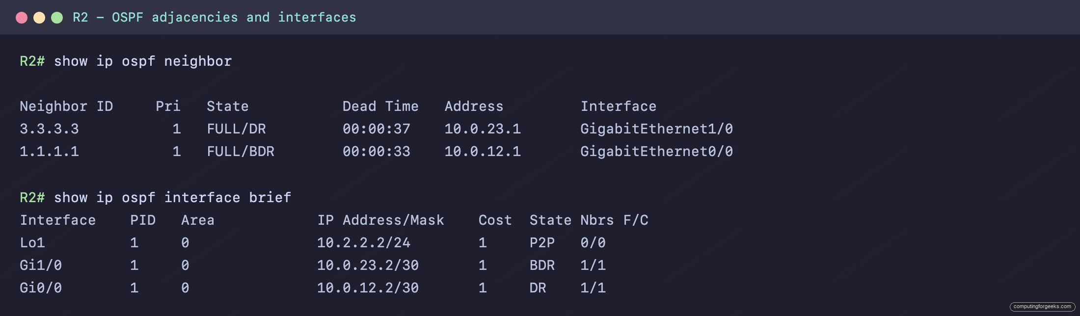 R2 show ip ospf neighbor with two FULL adjacencies and show ip ospf interface brief with cost