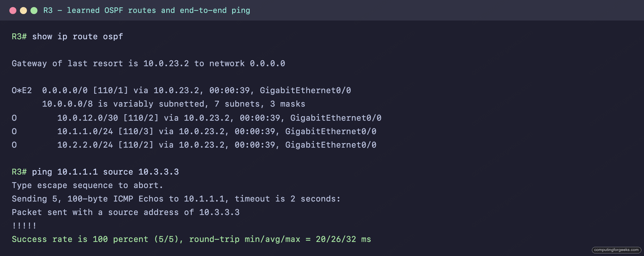 R3 show ip route ospf with O routes, O*E2 default, and a 100 percent successful ping across the OSPF area
