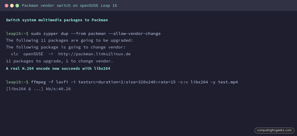zypper dup from packman vendor change on openSUSE Leap 16