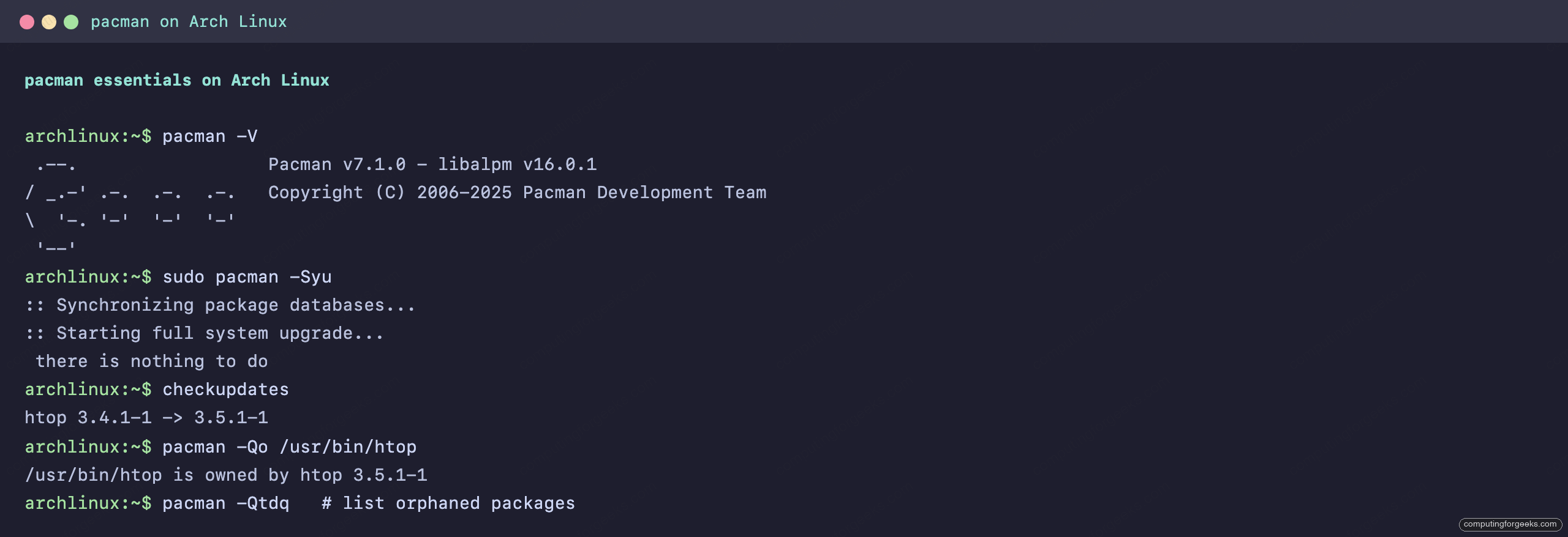 pacman -Syu, checkupdates and pacman -Qo output on Arch Linux terminal