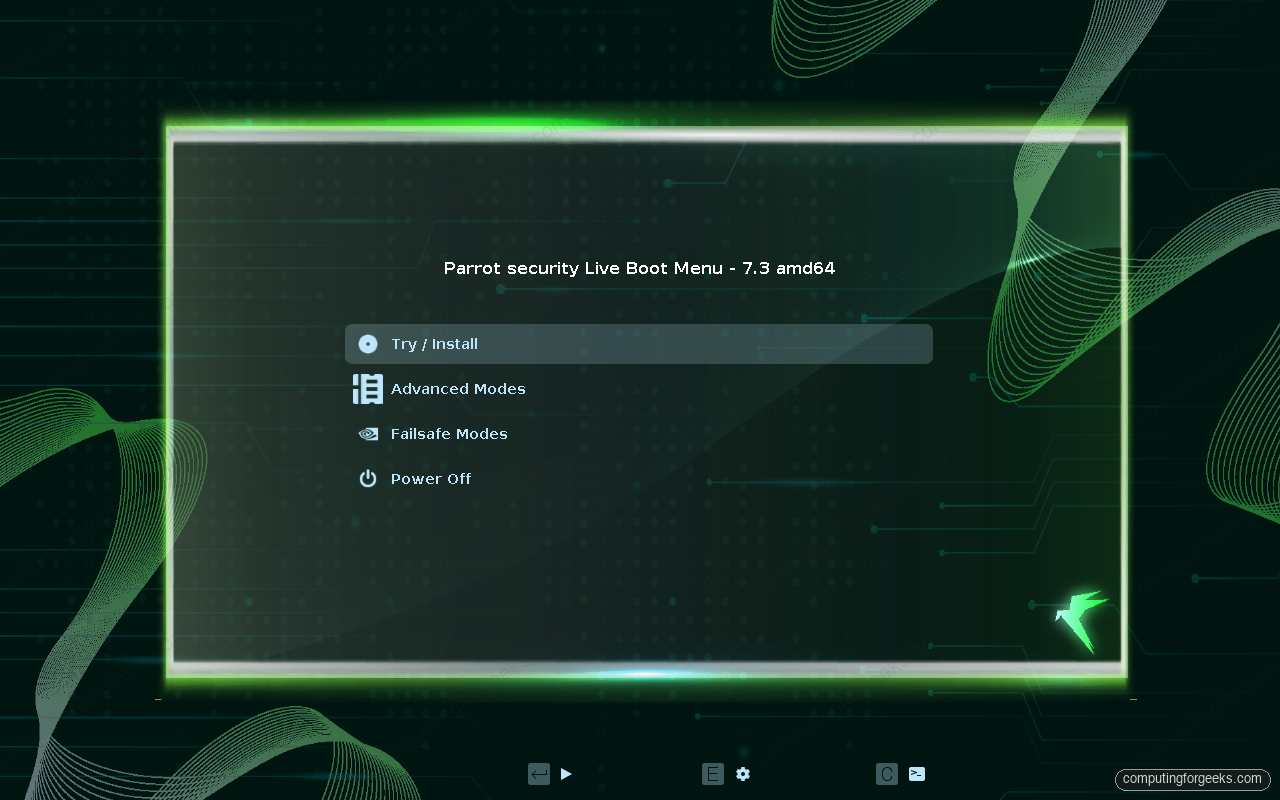 ParrotOS 7.3 Security Edition live boot menu