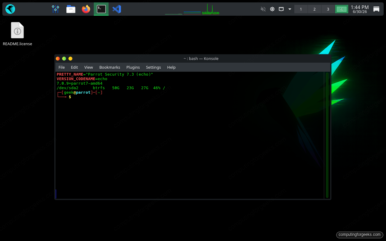 ParrotOS 7.3 version and kernel 7.0.9 verification in the terminal
