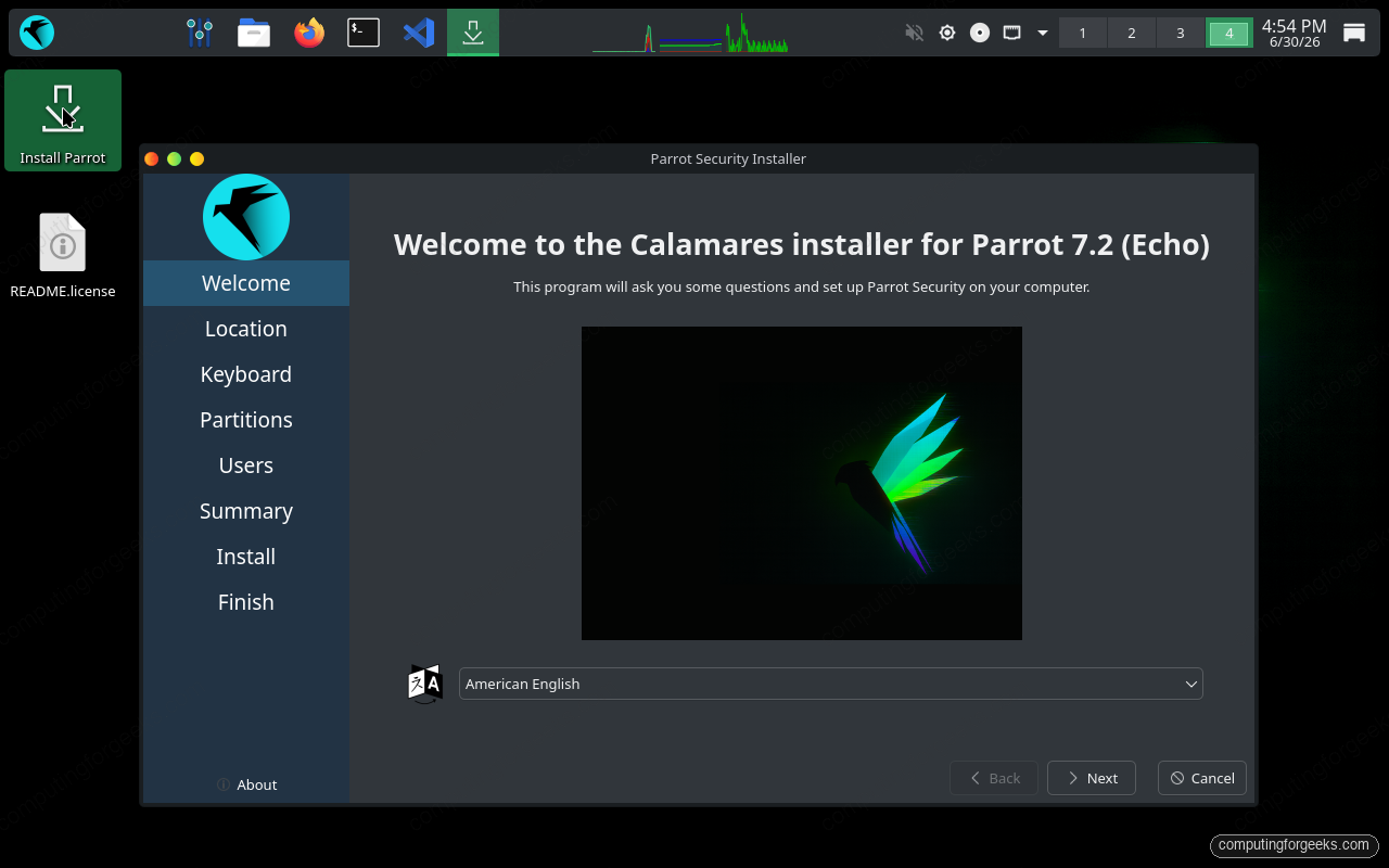 Calamares installer welcome screen on ParrotOS