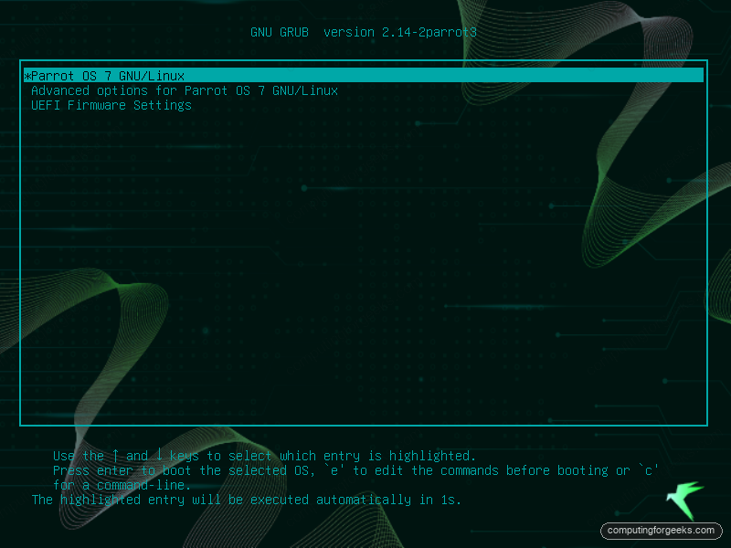 ParrotOS GRUB boot menu after installation