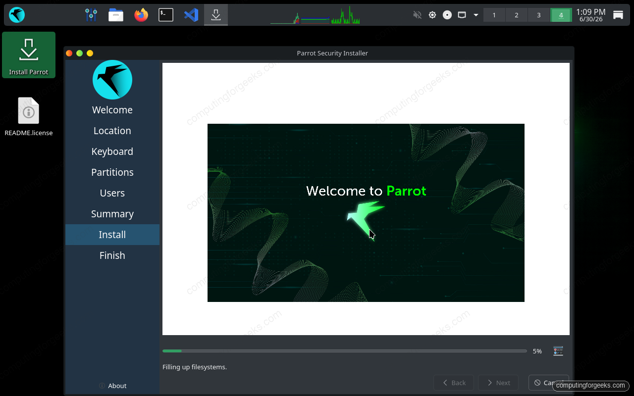 ParrotOS installation progress copying files to disk