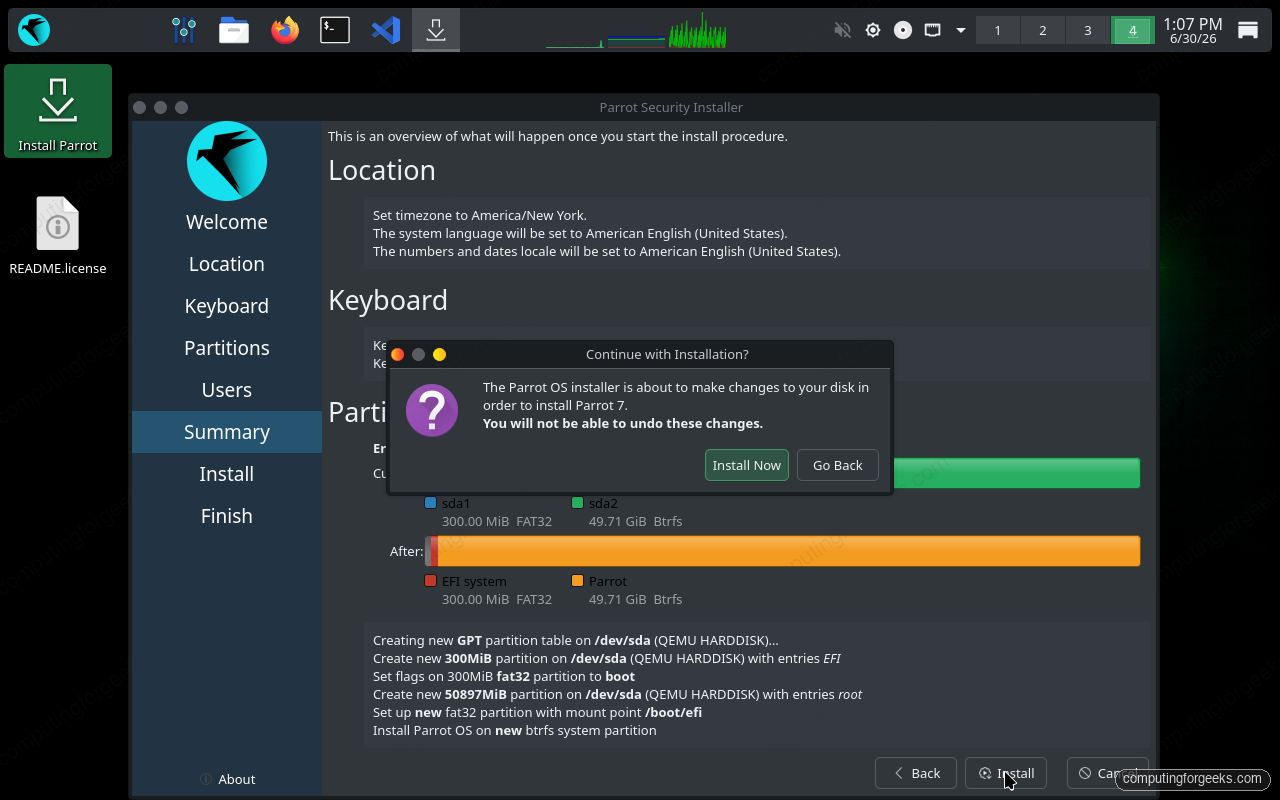 ParrotOS installer confirm disk changes dialog