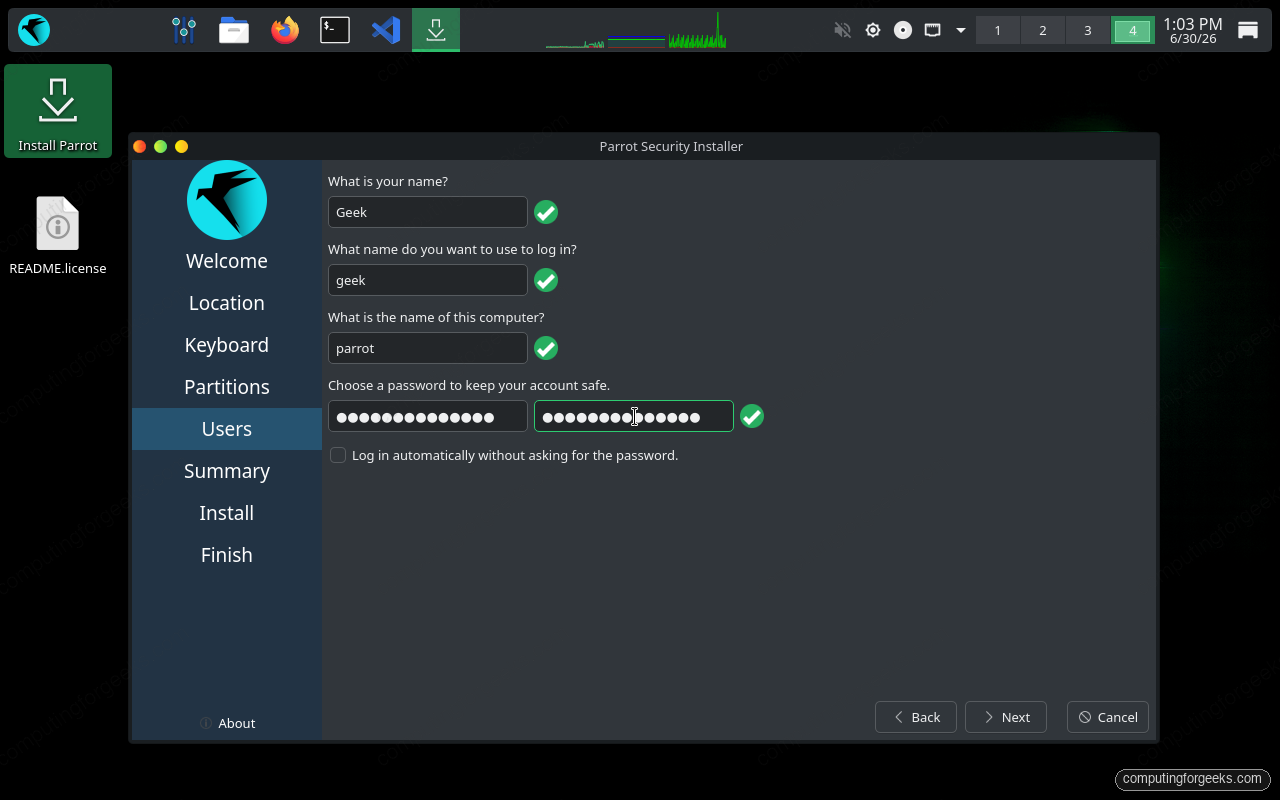 ParrotOS installer create user account and hostname