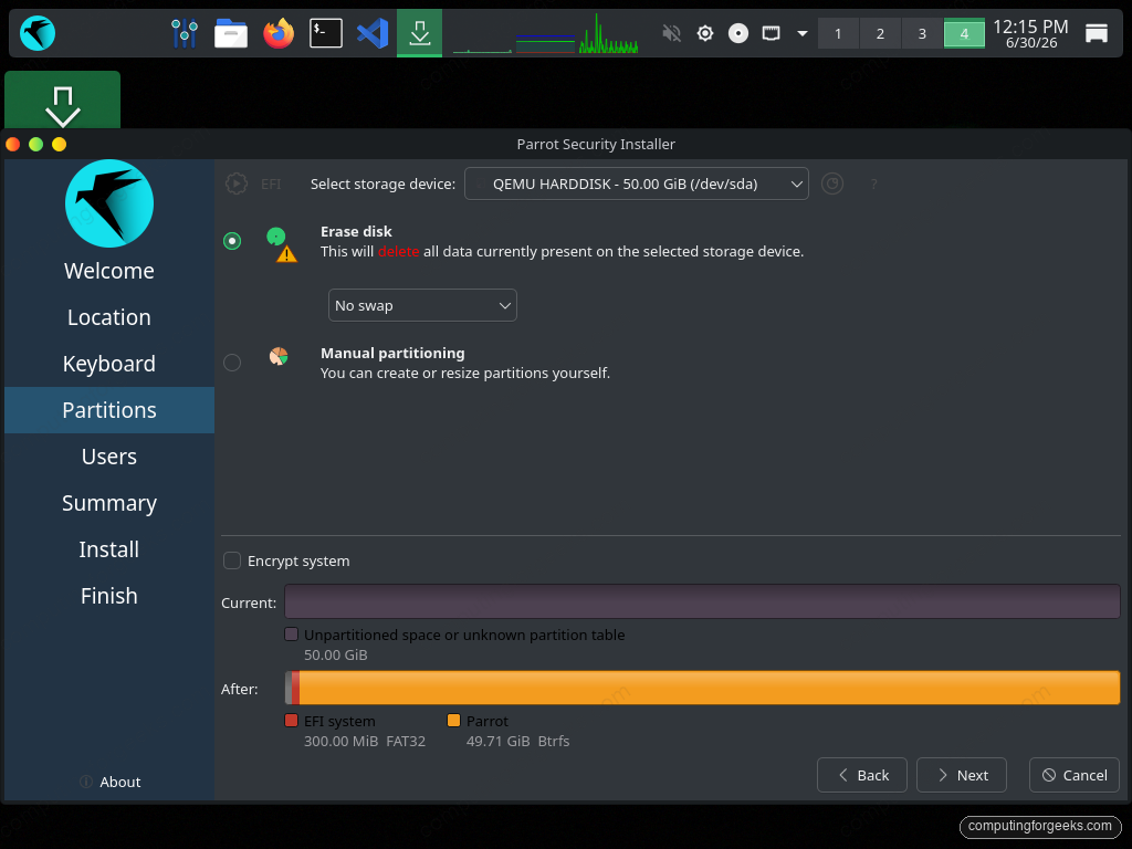 ParrotOS installer erase disk EFI and Btrfs root layout