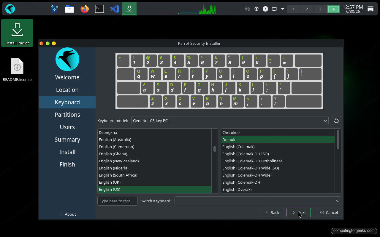 ParrotOS installer keyboard layout selection