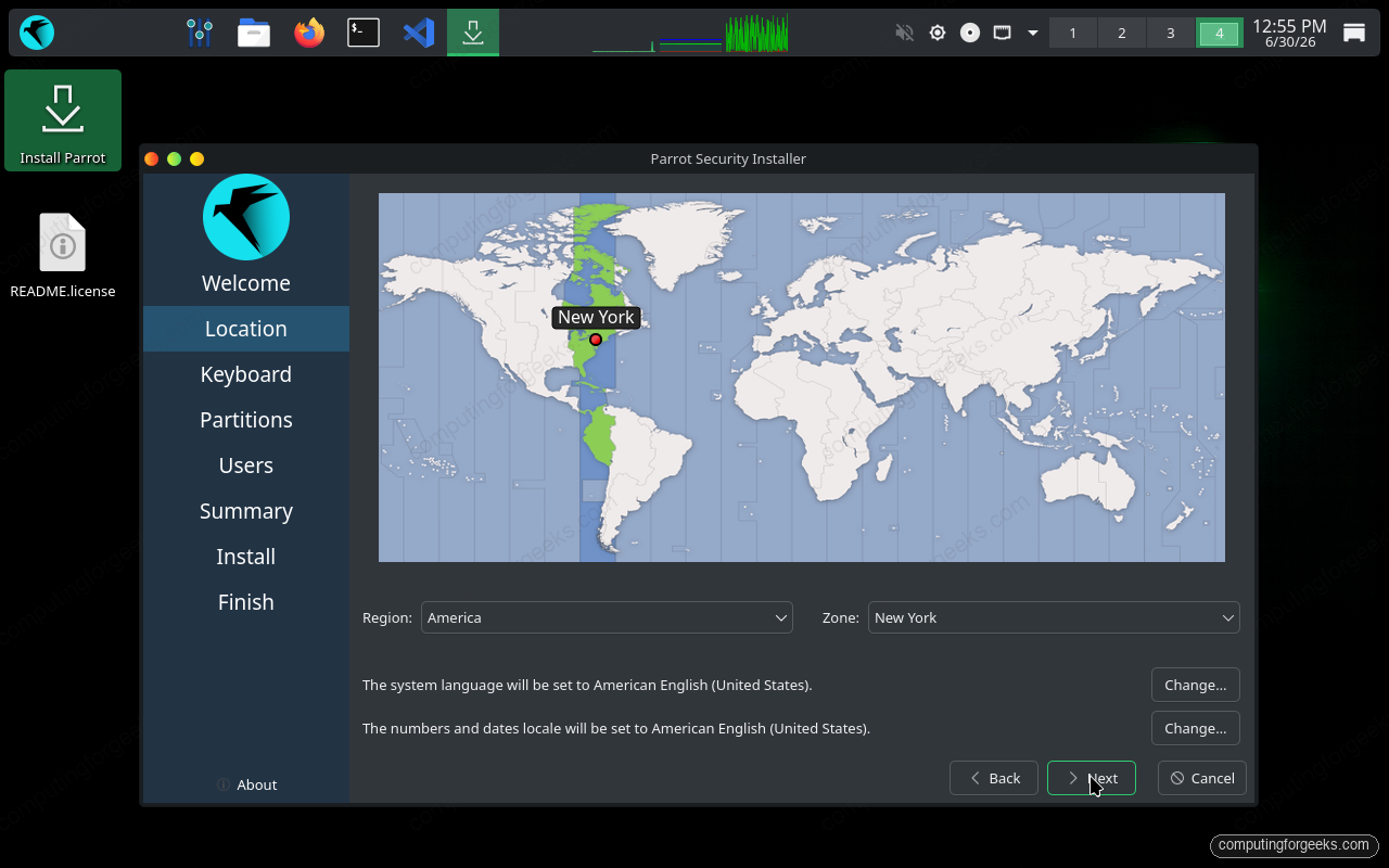 ParrotOS installer location and timezone selection