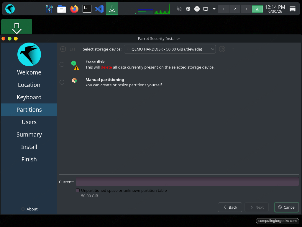 ParrotOS installer partition options including erase disk
