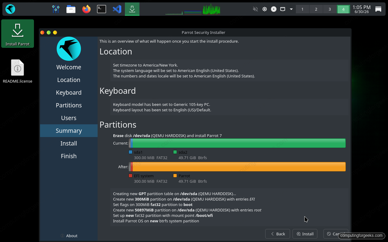 ParrotOS installer summary of install actions