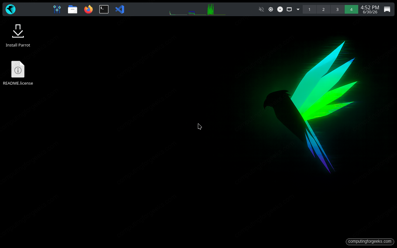 ParrotOS live KDE Plasma desktop with the Install Parrot launcher