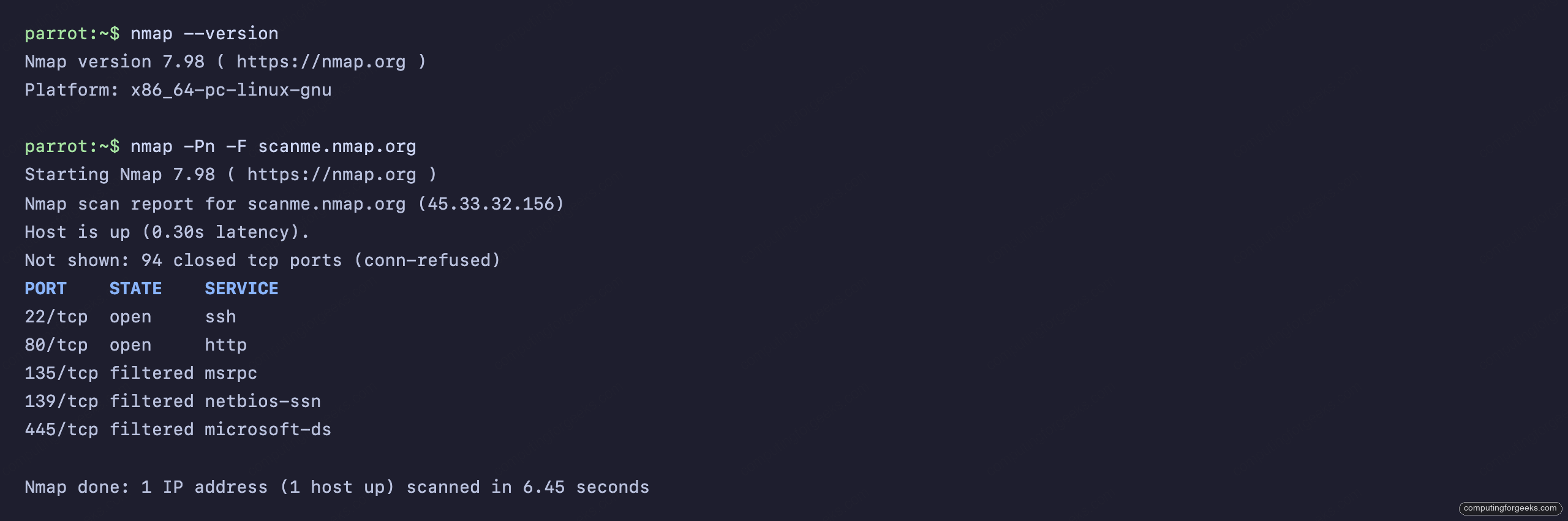Nmap port scan of scanme.nmap.org run from a ParrotOS 7.3 pentesting desktop