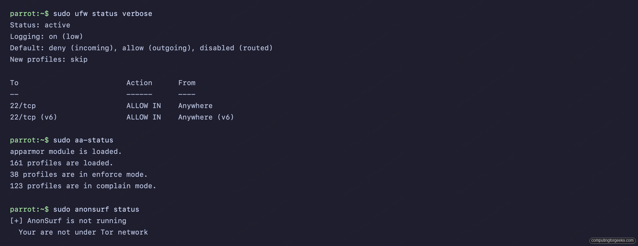 ParrotOS 7.3 post-install firewall, AppArmor and anonsurf status in terminal